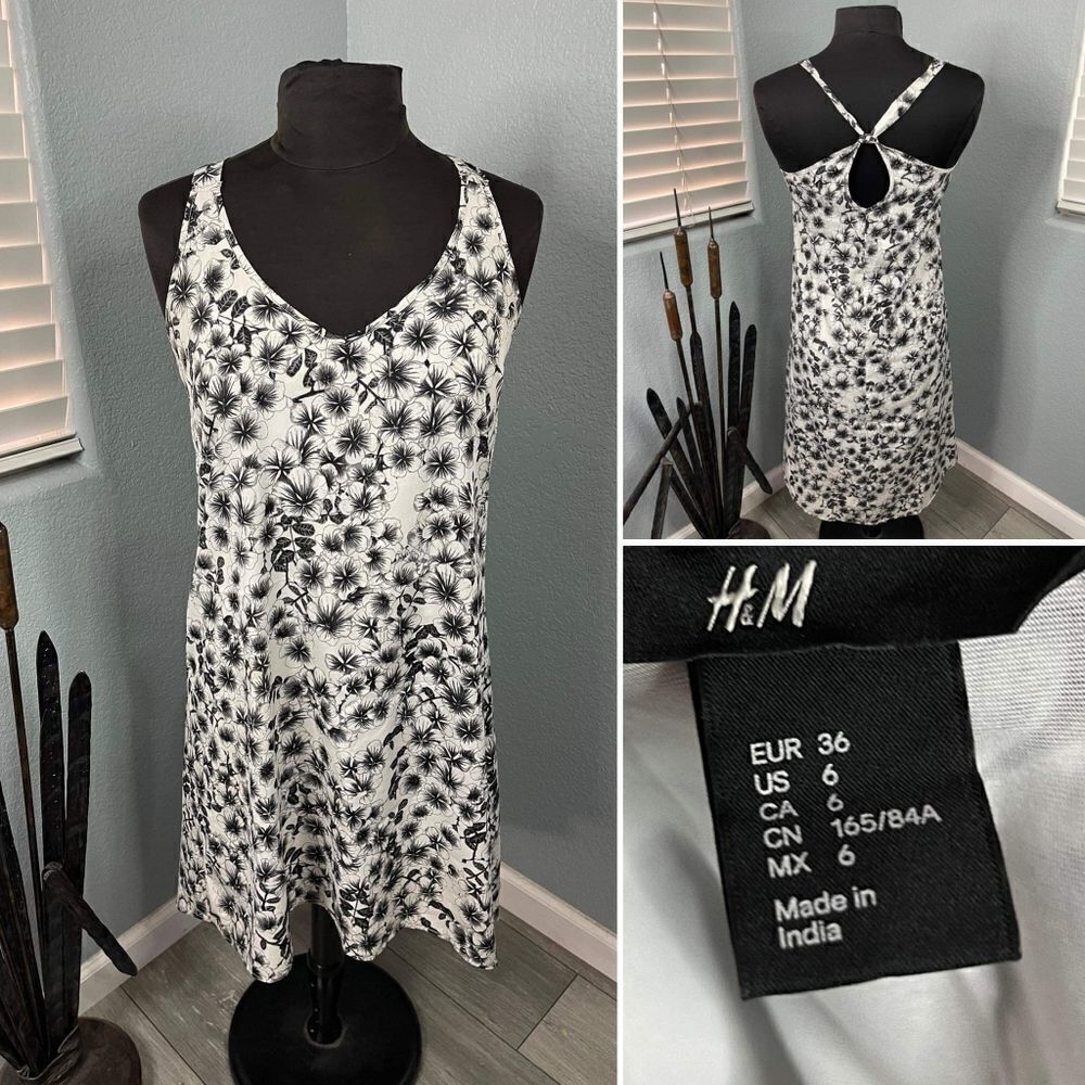 H & M Women's Size 6 Black and White Floral Crossback Mini Dress